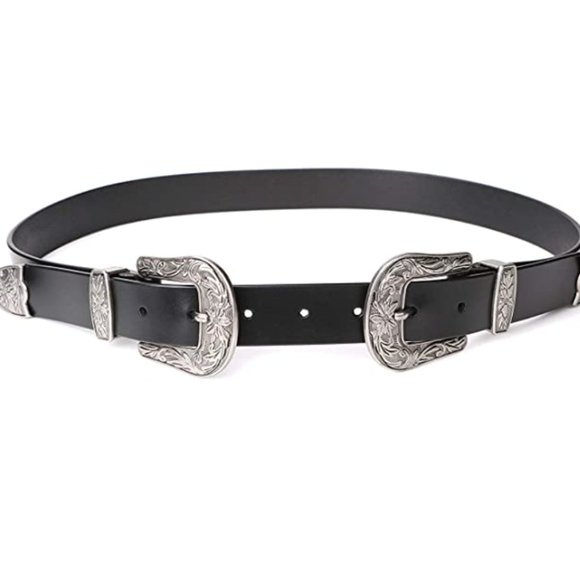 WESTERN DOUBLE SILVER BUCKLE BLACK LEATHER BELT - Picture 2 of 2